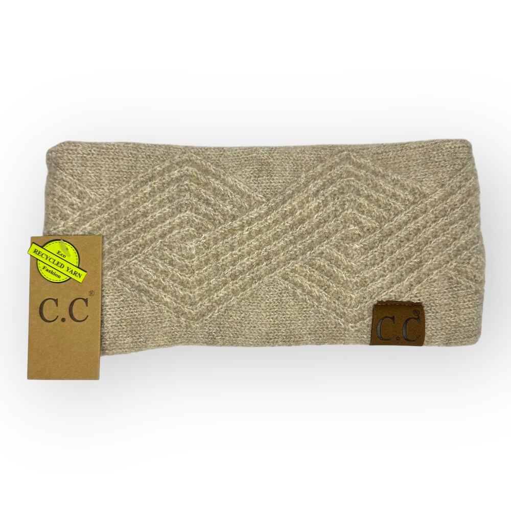 C.C Winter Thick Knitted Diagonal Stripes Headband Headwrap Tan Recycled Yarn